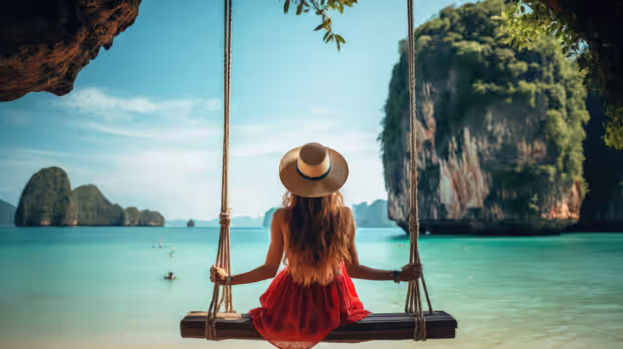 Eine Frau mit Sonnenhut schwingt auf einer Schaukel über den Strand und guckt aufs Meer