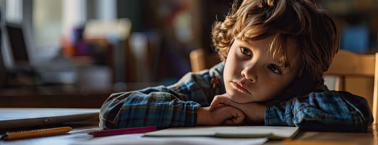 Bambino perso nei suoi pensieri di fronte ai compiti, in una stanza buia