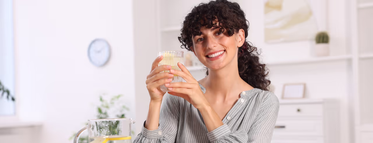 Eine Frau trinkt Wasser mit Zitrone