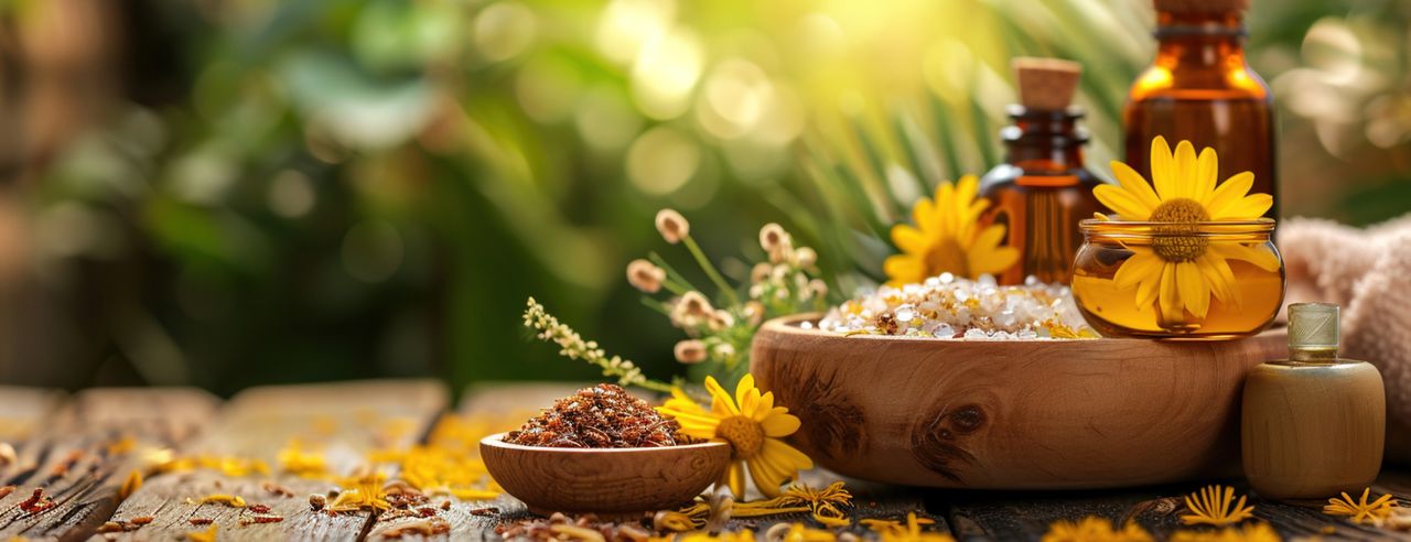 Auf einem Holztisch stehen zwei Holzschalen, die gefüllt sind mit getrockneten Blüten und umgeben sind von gelben Blumen.