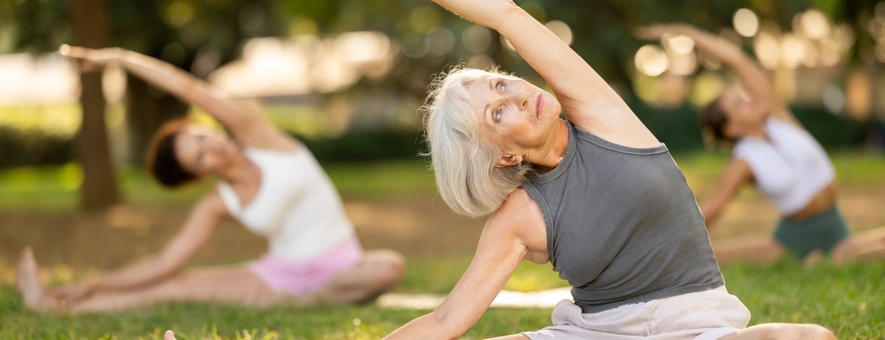 Eine Gruppe von Frauen beim Yoga auf einer Wiese