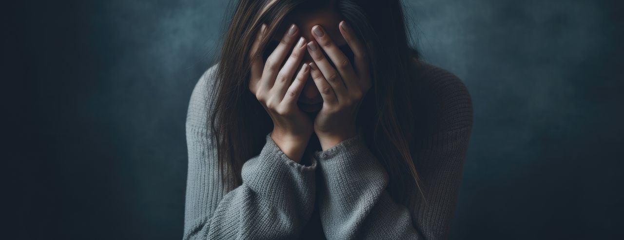 Frau sitzt vor einem dunklen Hintergrund und hält sich den Kopf in den Händen.