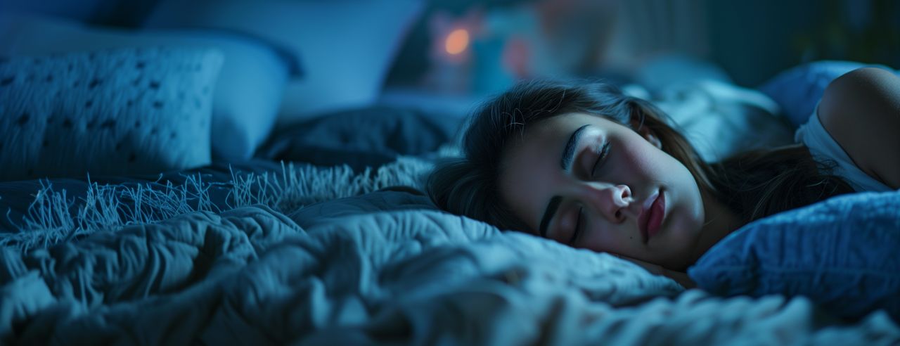 Frau schläft im Bett im dunklen Raum