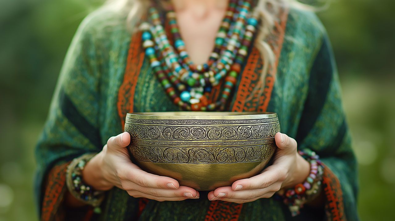 Eine Frau im grünen Gewand hält eine goldene Klangschale