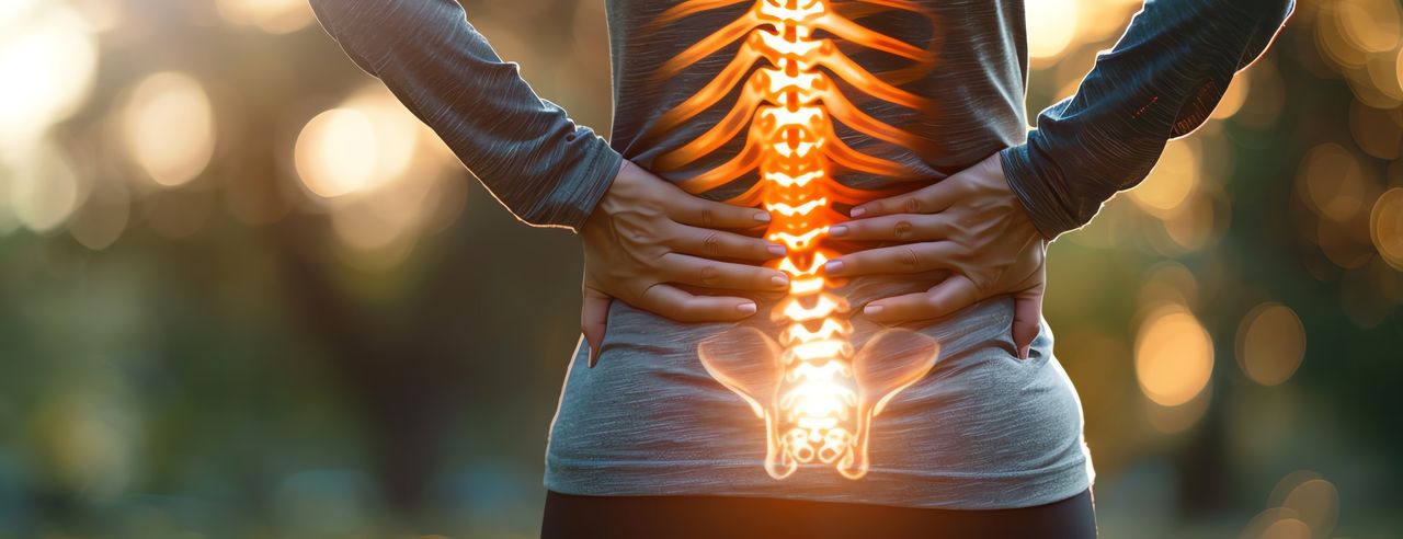 Una donna si tiene la schiena dolorante. La colonna vertebrale è evidenziata artificialmente con colori vivaci.