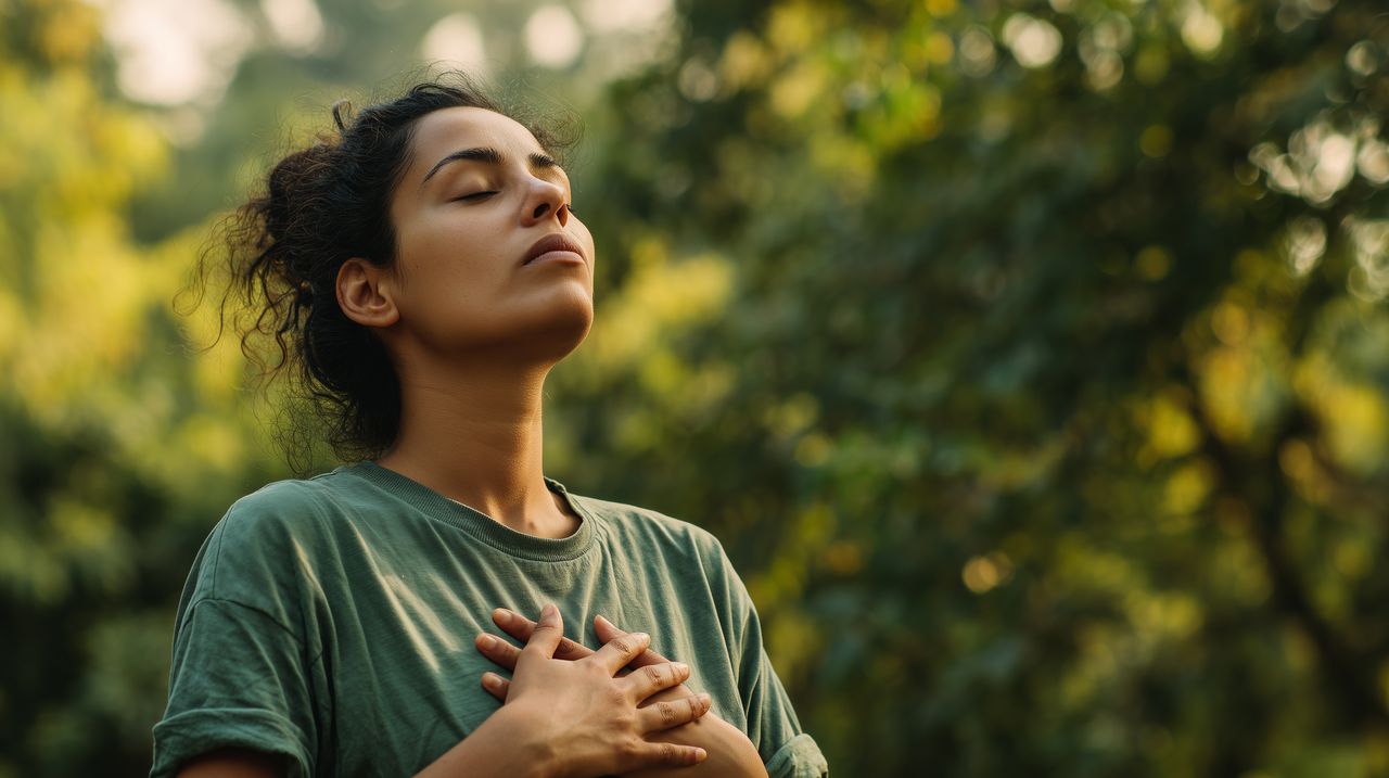 Eine Frau atmet tief ein im Yoga Urlaub in Sachsen