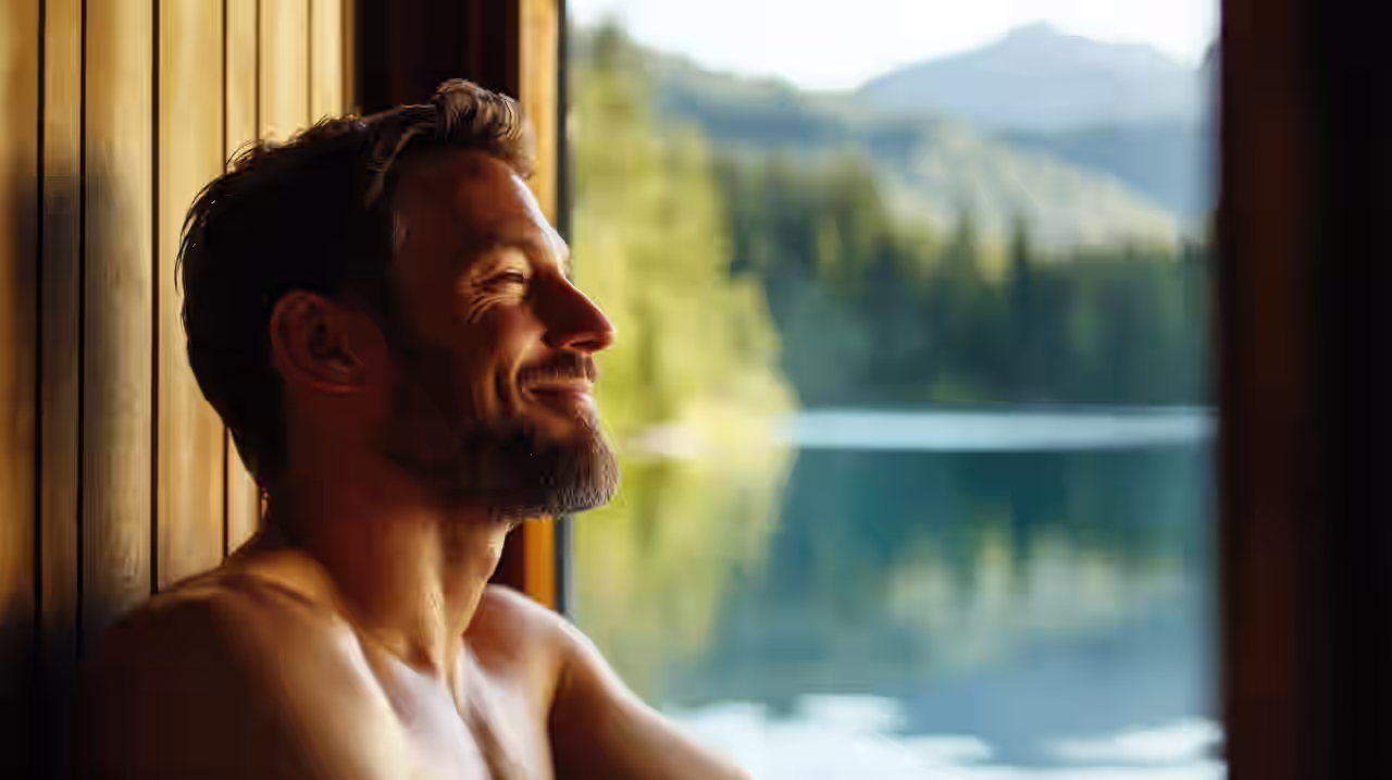 Mann, der in einer Sauna mit Blick auf einen See entspannt