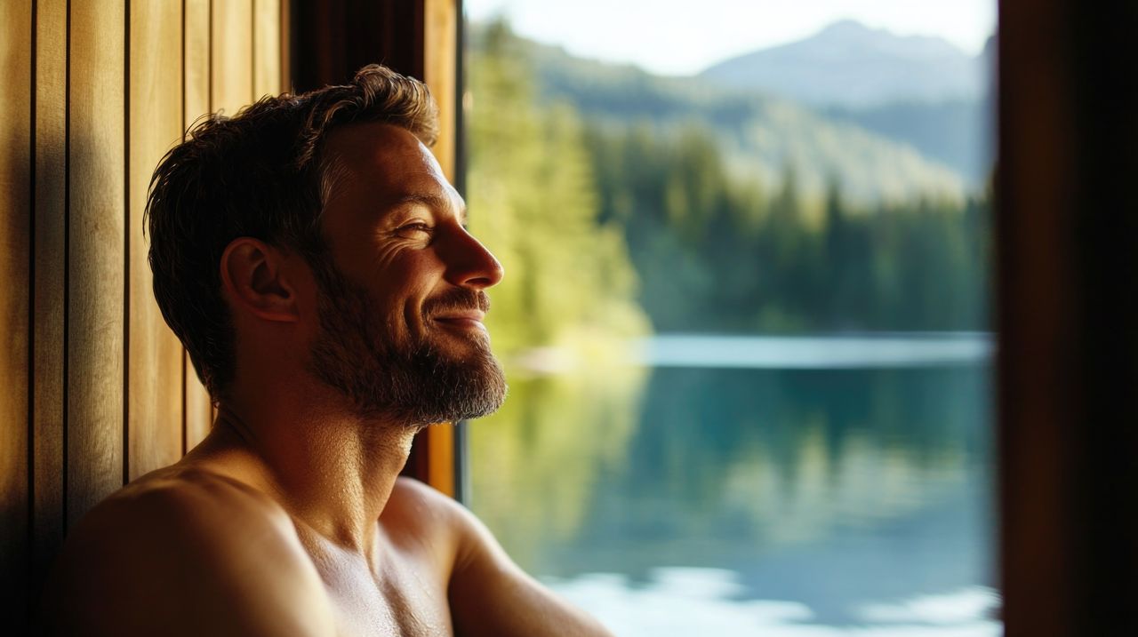 Mann, der in einer Sauna mit Blick auf einen See entspannt