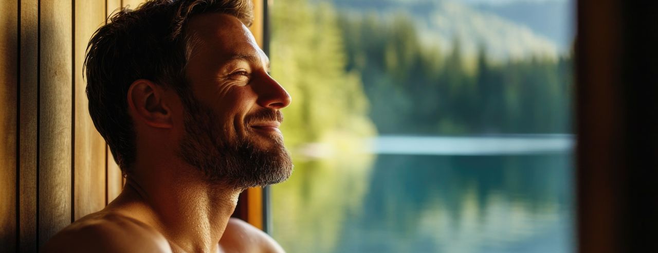 Mann, der in einer Sauna mit Blick auf einen See entspannt