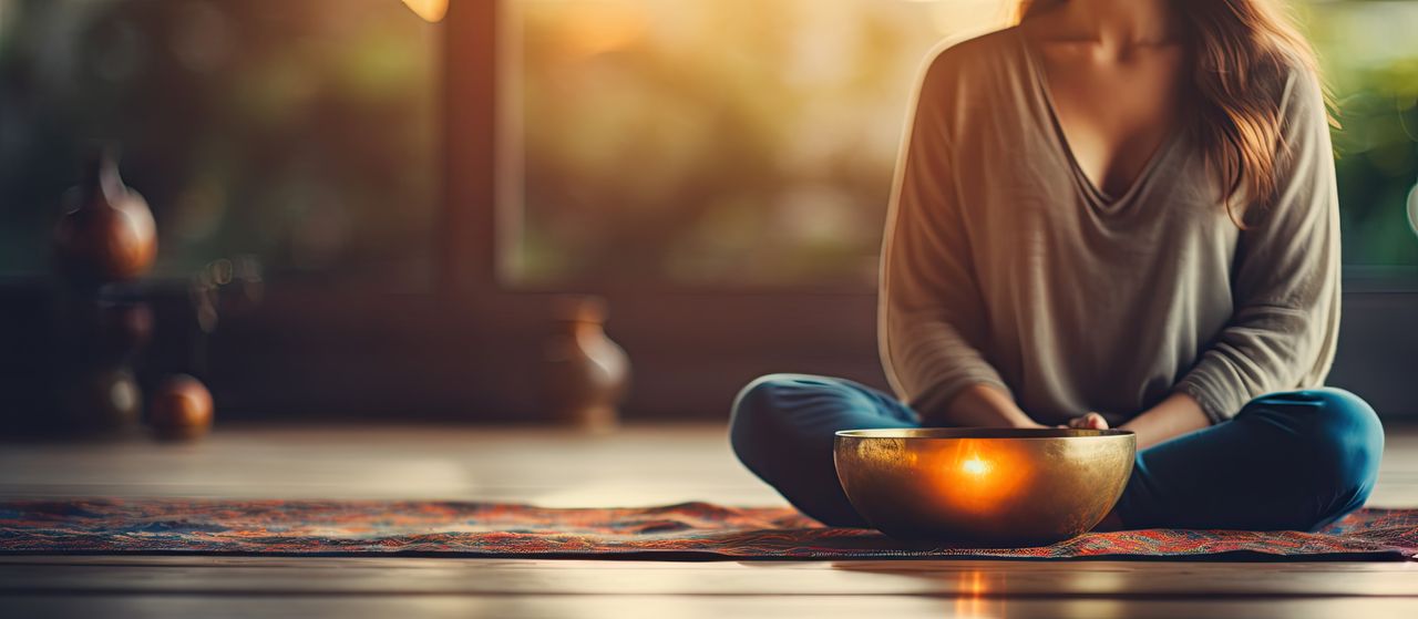 Yoga e Ayurveda; una donna siede nella posizione del loto davanti a una ciotola per cantare