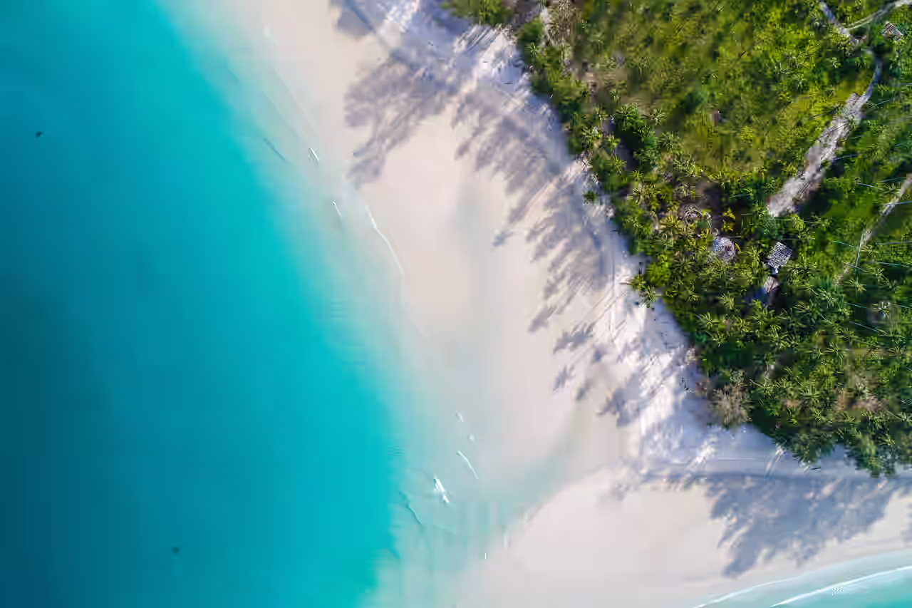 Blick von oben aus der Luft auf eine Küste mit Meer auf Mauritius