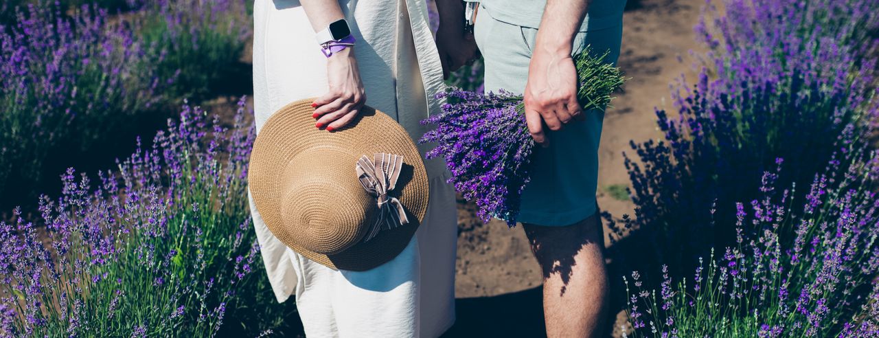 Ein sich umarmendes Paar in einem schönen lila-lavendelfarbenen Sommerfeld während des Romantikurlaubs in Frankreich