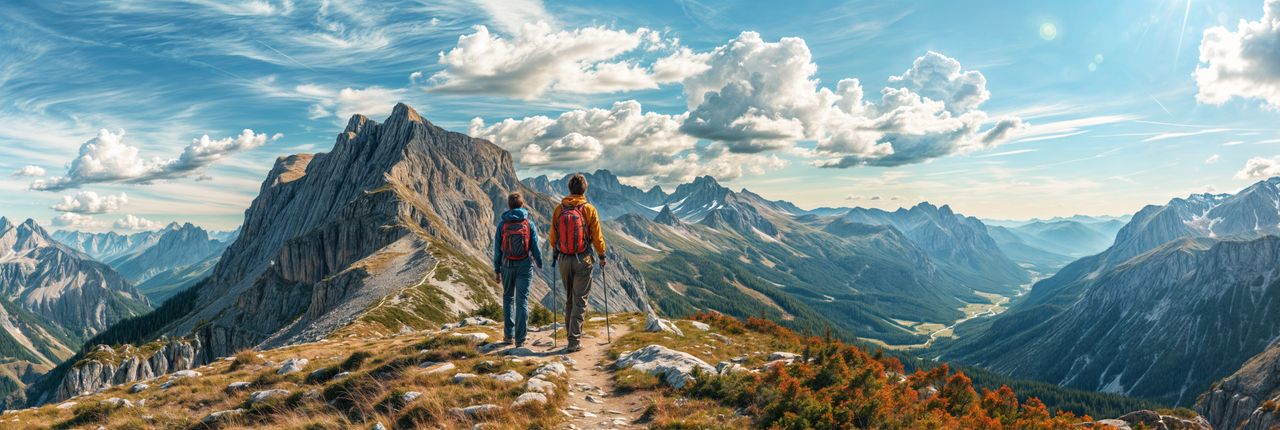 Ein Paar beim Wandern in den Bergen während Ihrer Hochzeitsreise
