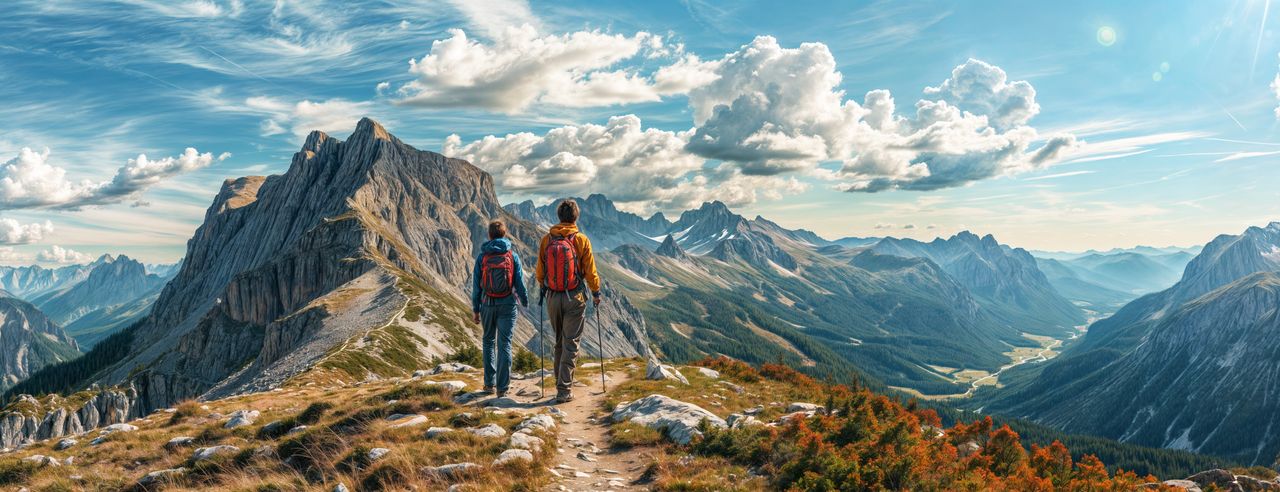 Ein Paar beim Wandern in den Bergen während Ihrer Hochzeitsreise