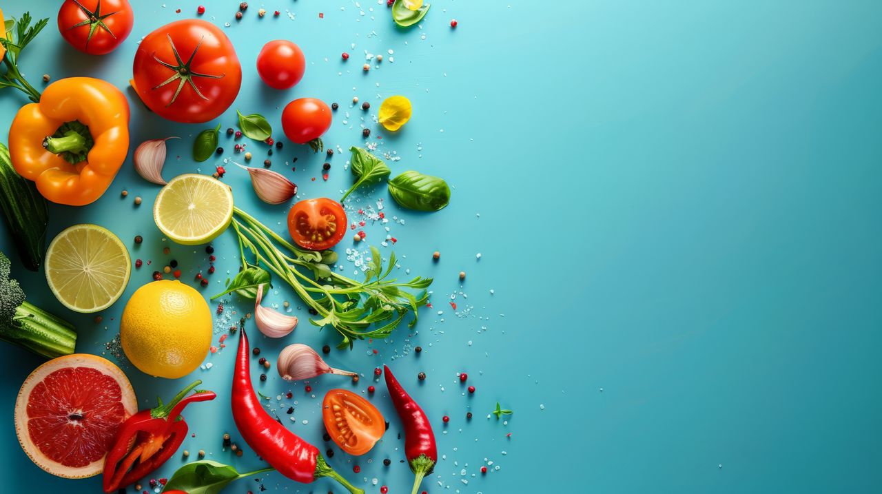 Verschiedenes Obst und Gemüse vor einem türkisen Hintergrund