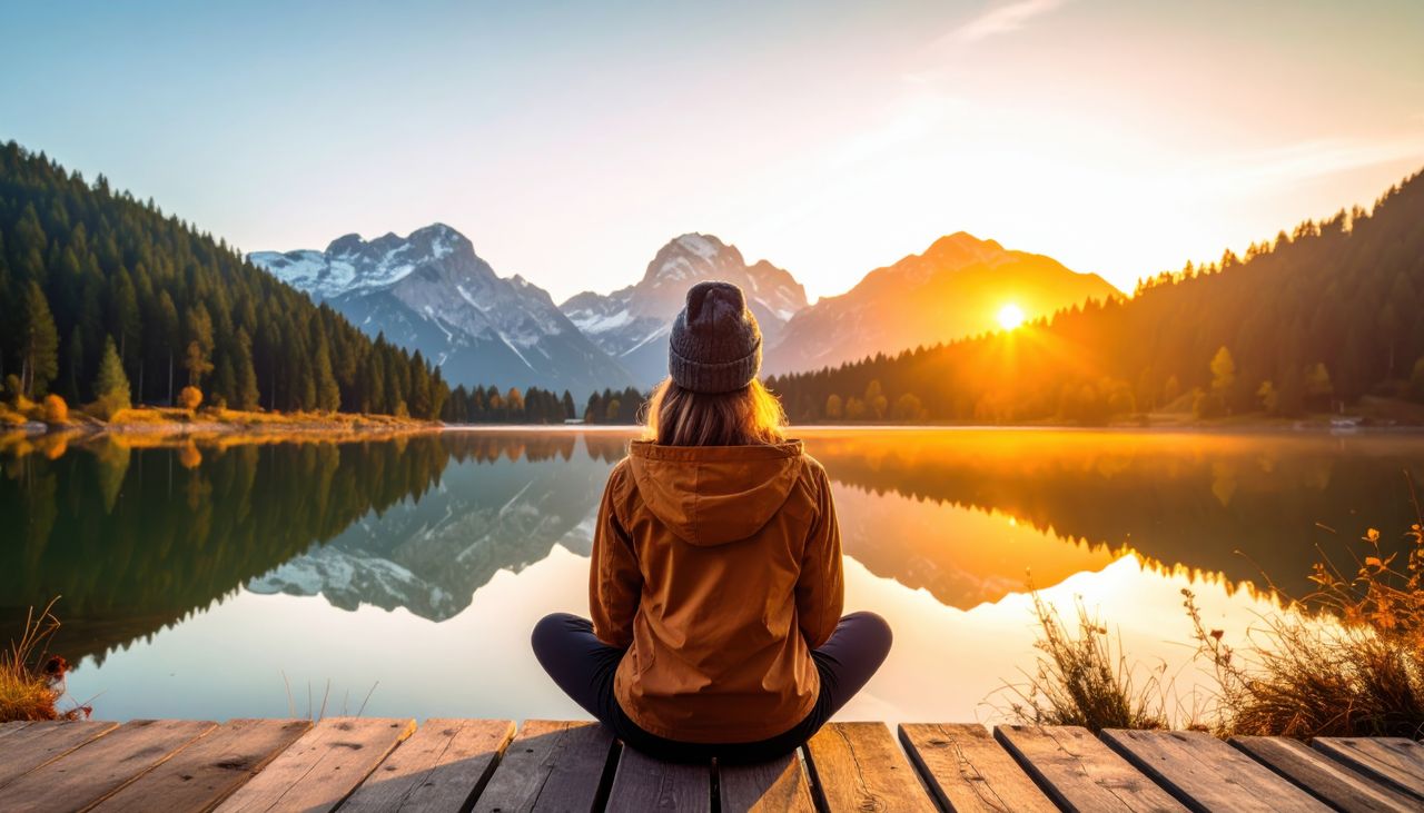 Eine Frau blickt auf den Sonnenuntergang hinter den Bergen. Sie sitzt im Lotussitz und genießt Ihren Yoga Urlaub in der Schweiz