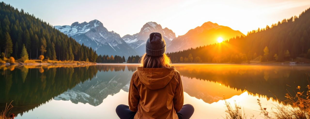 Eine Frau blickt auf den Sonnenuntergang hinter den Bergen. Sie sitzt im Lotussitz und genießt Ihren Yoga Urlaub in der Schweiz