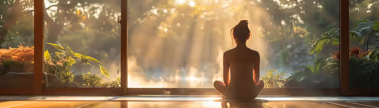 Eine Frau ist von hinten zusehen während der Meditation in ihrem Schweige Retreat