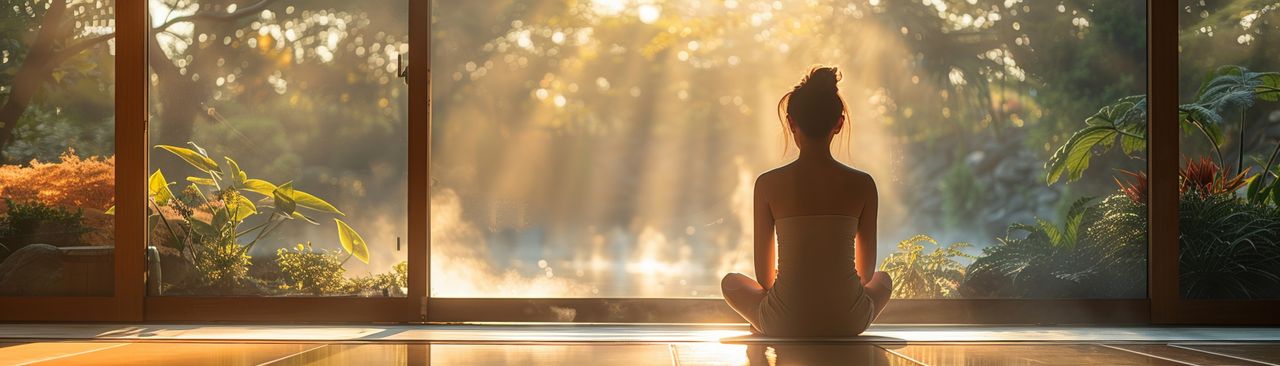 Eine Frau ist von hinten zusehen während der Meditation in ihrem Schweige Retreat