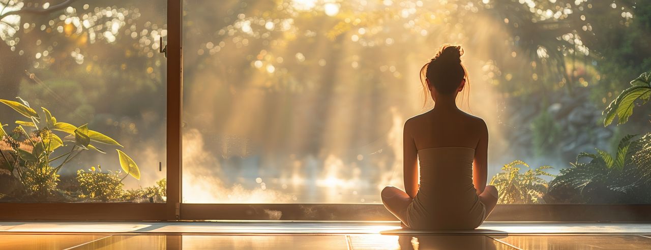 Eine Frau ist von hinten zusehen während der Meditation in ihrem Schweige Retreat