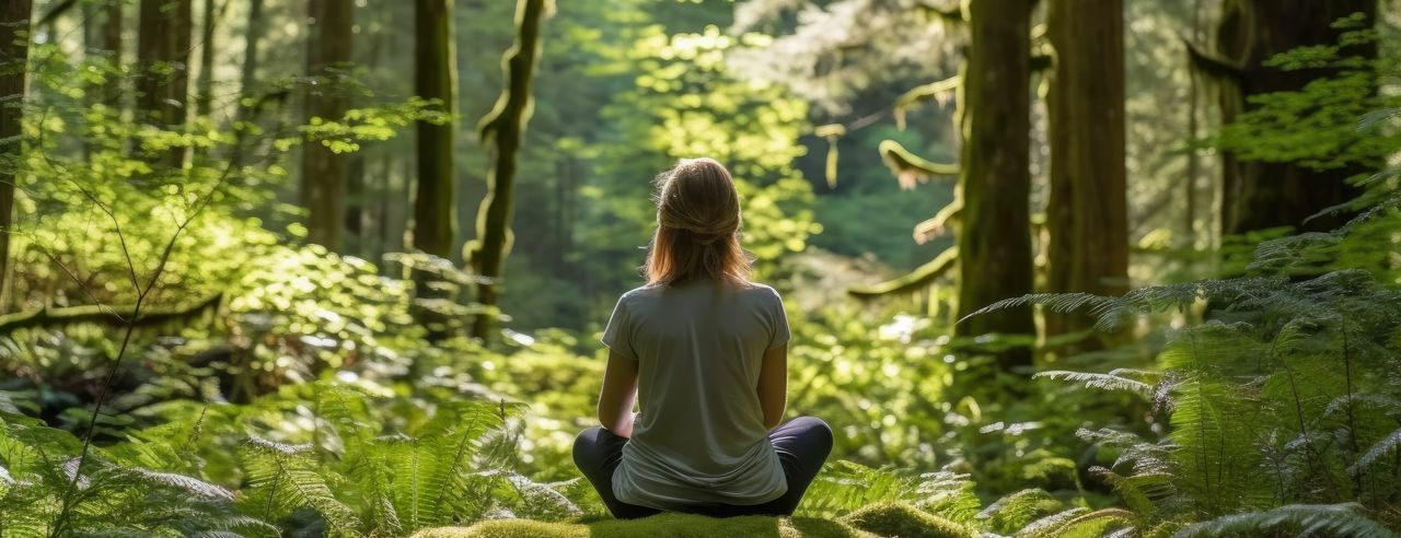 Eine Frau sitzt im Lotus Sitz inmitten eines grünen Waldes, der von Sonnenlicht geflutet ist. Die Morgensonne leuchtet zwischen all dem grün sanft in den Wald.
