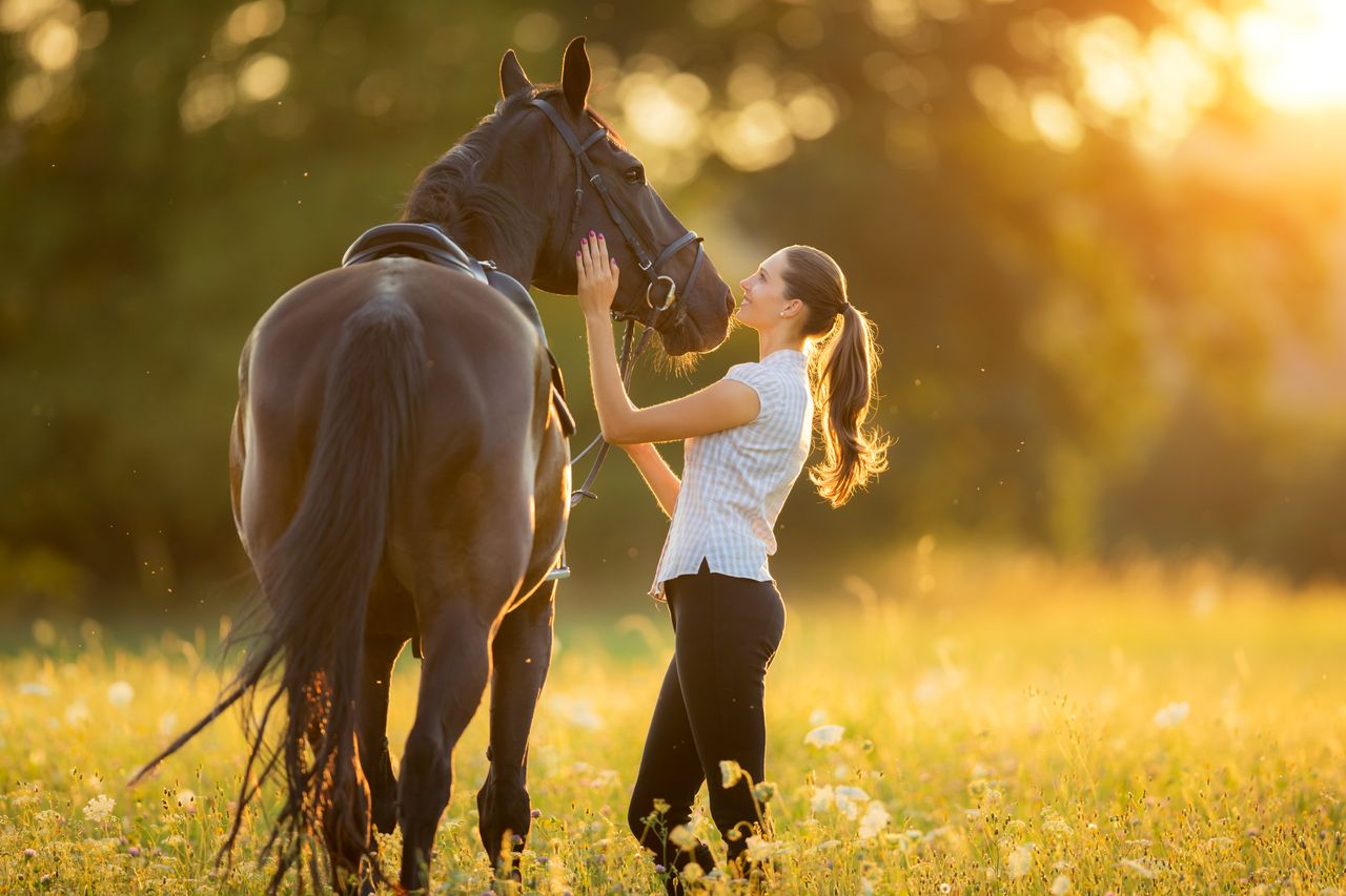 Eine Frau und ein Pferd bei Sonneuntergang