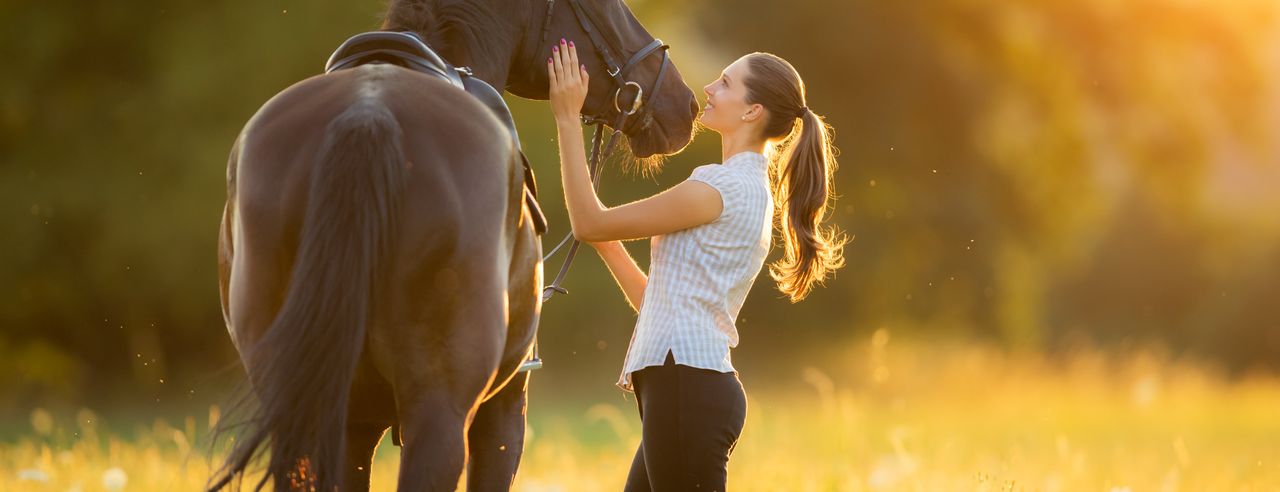 Eine Frau und ein Pferd bei Sonneuntergang