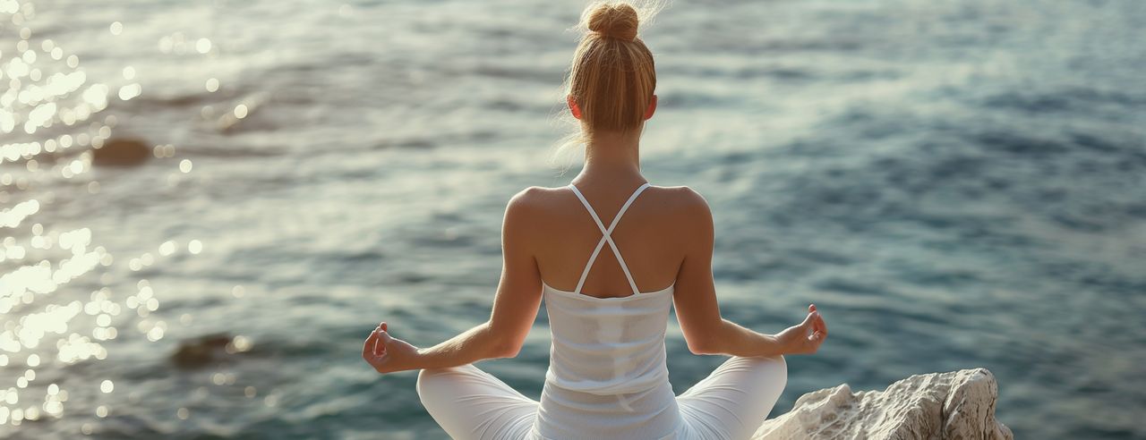 Einen Frau in weißer Yoga Kleidung sitzt im Lotussitz an der Küste Kroatiens und schaut auf das Meer hinaus