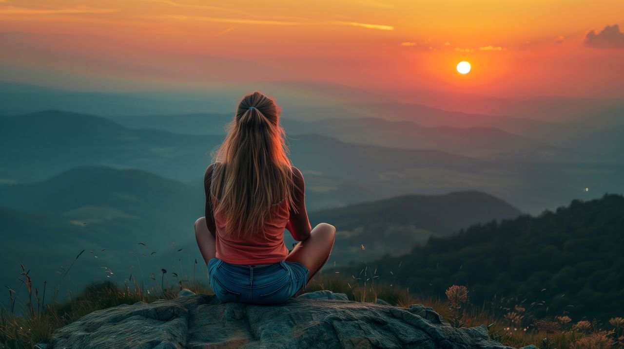 Eine Frau sitzt in Meditationshaltung auf einem Berg und blickt über die Landschaft während ihrer spirituellen Reise in Österreich