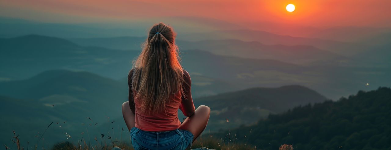 Eine Frau sitzt in Meditationshaltung auf einem Berg und blickt über die Landschaft während ihrer spirituellen Reise in Österreich