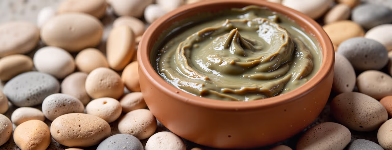 Un bol de boue de fango sur un lit de galets