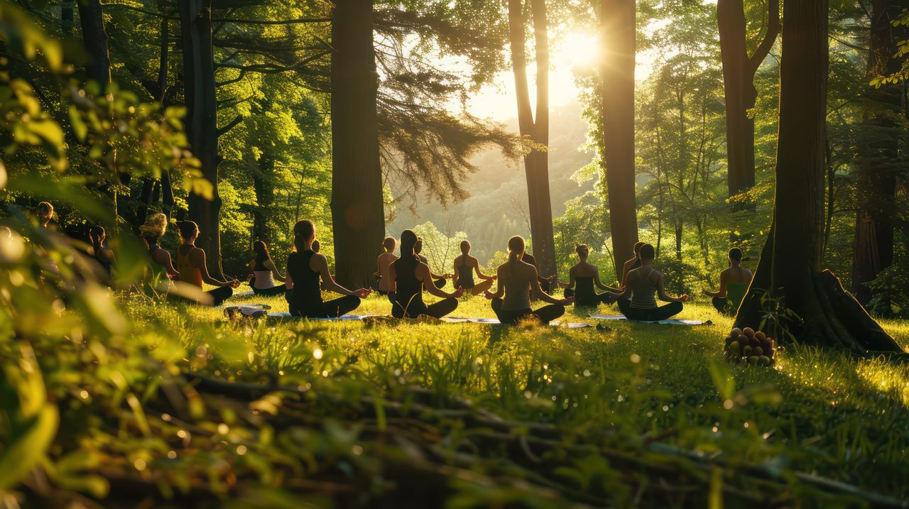 Eine Gruppe übt Yoga im Grünen bei der Yoga Wochenendreise im Harz
