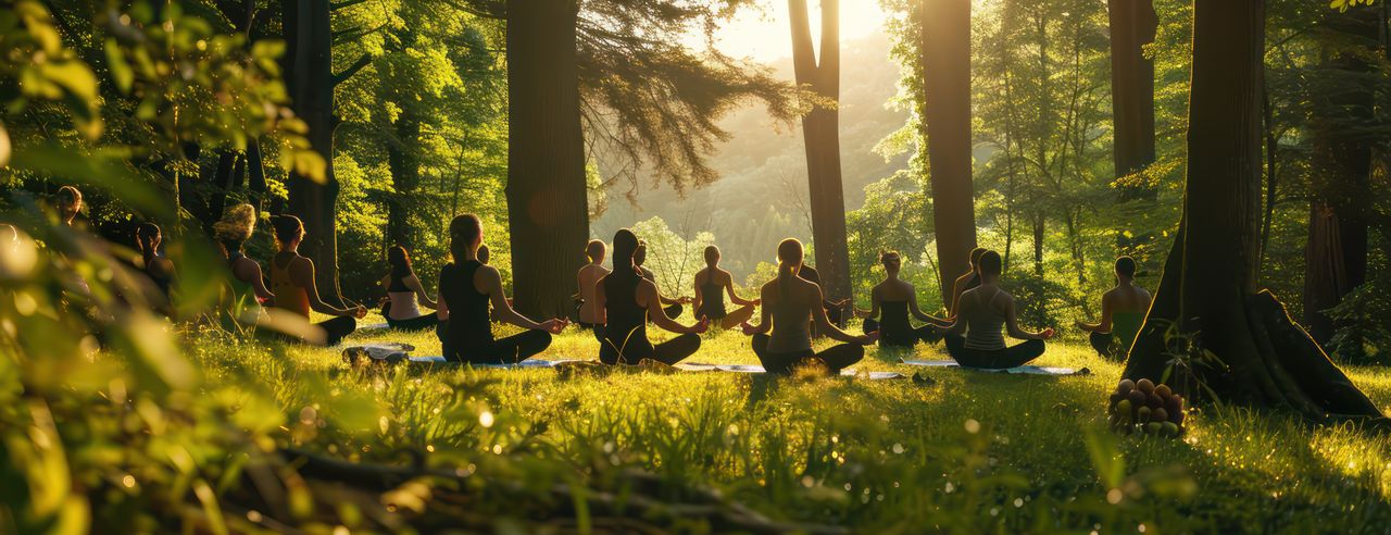 Eine Gruppe übt Yoga im Grünen bei der Yoga Wochenendreise im Harz