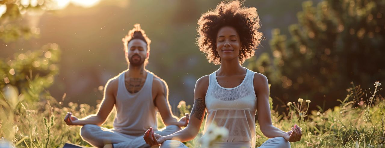Deux personnes assises sur une pelouse méditent ensemble