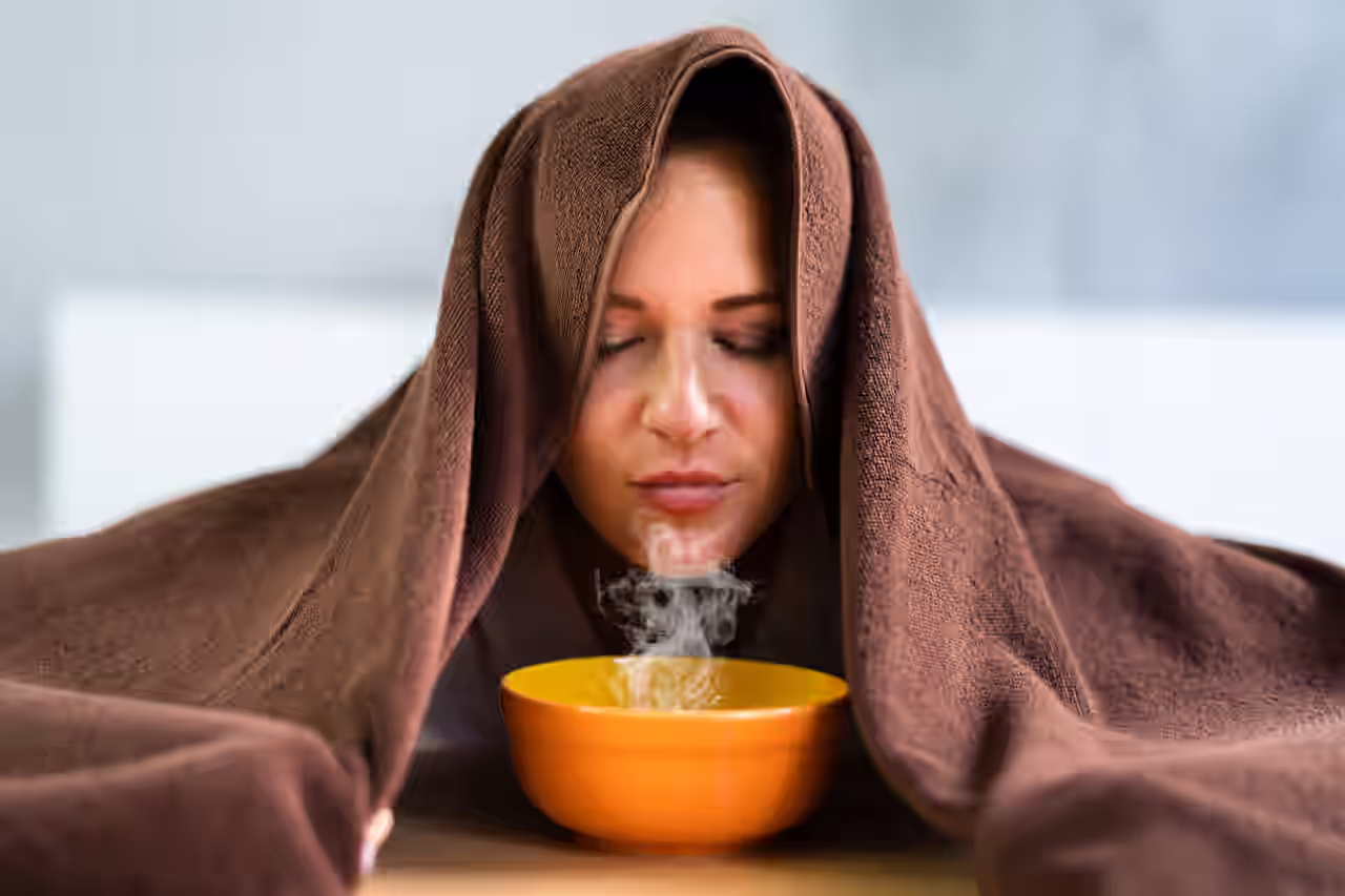 Eine Frau mit braunem Handuch über dem Kopf inhalaiert Dampf aus einer gelben Schüssel