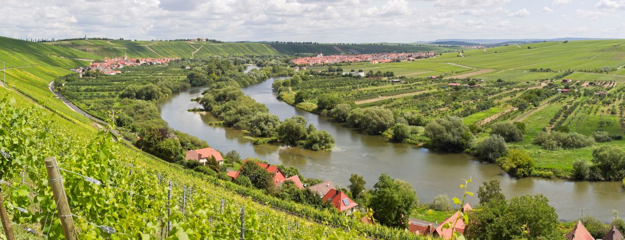 Fluss und Weinranken neben Thermen in Franken