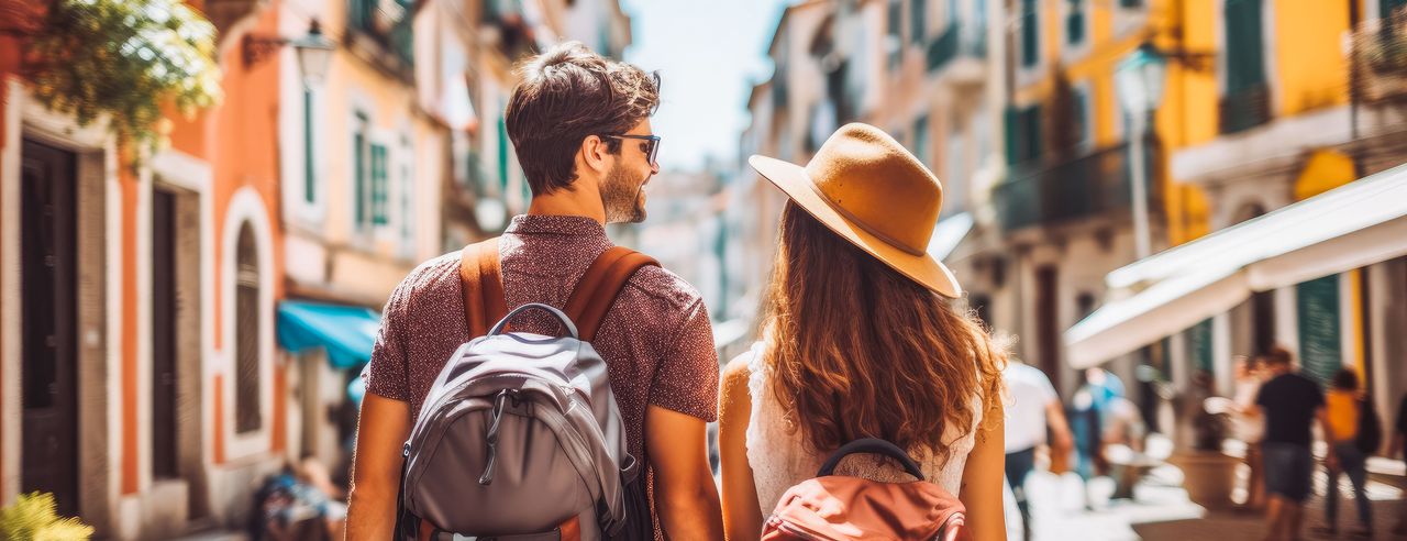 Ein Paar läuft durch die Straßen einer Stadt in Portugal