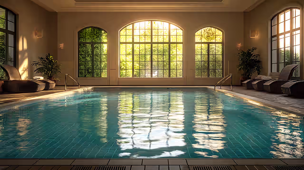 Eine Frau im Infinity Pool mit Blick auf den Bodensee