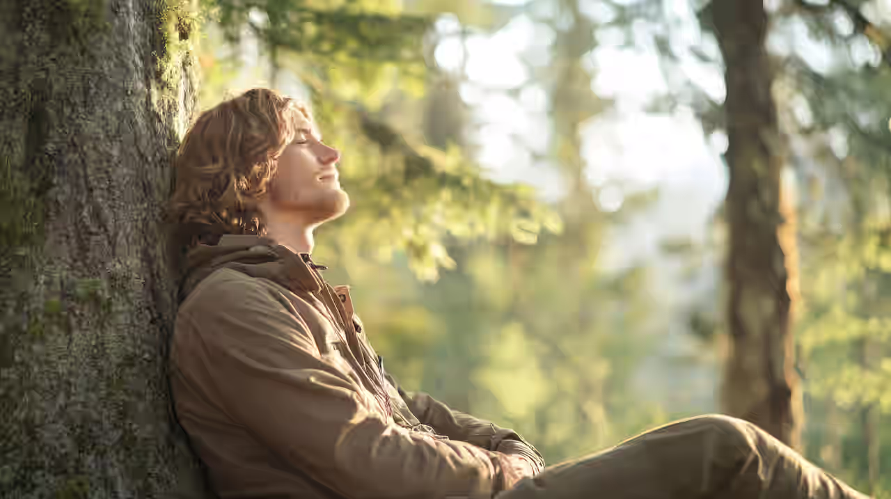 Ein Mann sitzt im Wald an einen Baum gelehnt.