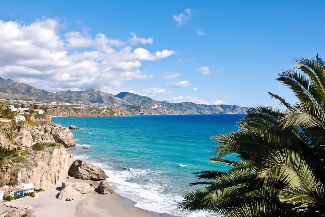 Leuchtend blaues Wasser hinter einer Palmkrone und vor der Steilküste der Costa del Sol in Andalusien