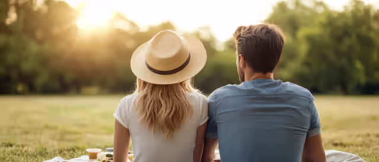 Ein Paar sitzt mit dem Rücken ´zu einem gewendet und blickt auf die Natur im Romantikurlaub