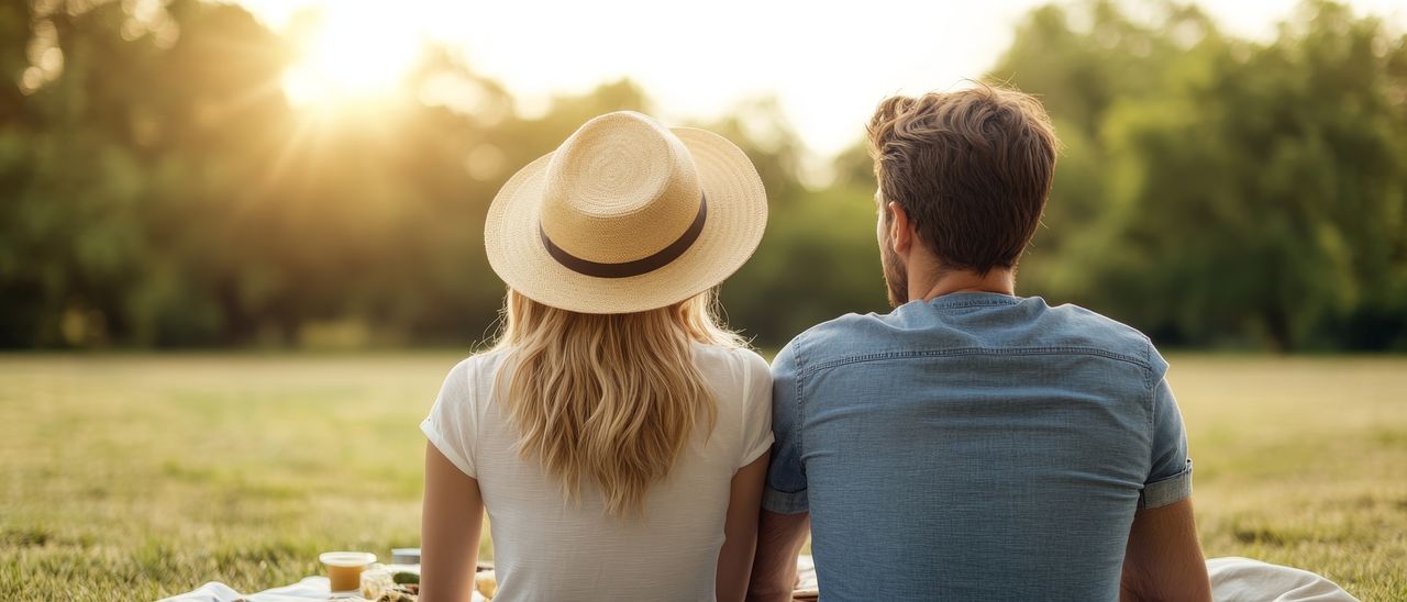 Ein Paar sitzt mit dem Rücken ´zu einem gewendet und blickt auf die Natur im Romantikurlaub
