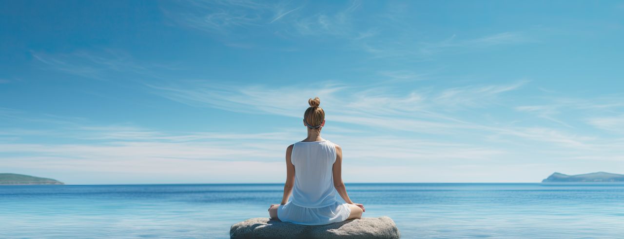 Eine Frau übt Ihre Yoga Asanas am Strand von Zypern. Sie sitzt auf einem Stein im Wasser und der Himmel strahlt schön blau.