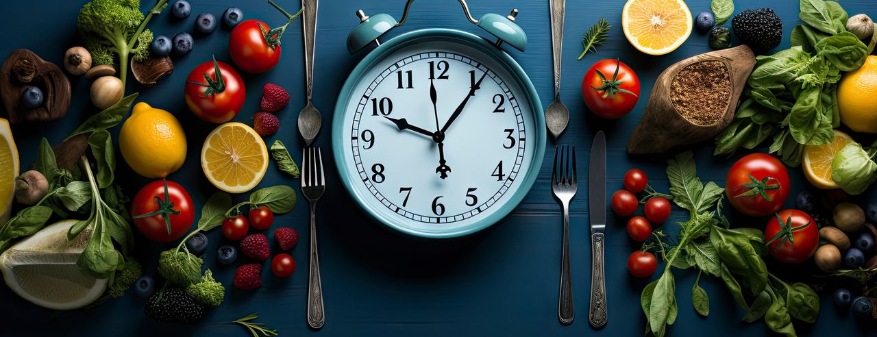 Obst und Gemüse, in der Mitte eine tickende Uhr, die das Kurzzeitfasten bestimmt