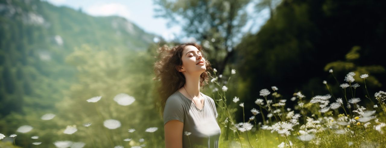 Eine Frau atmet tief ein in der schönen Umgebung vom Sauerland bei ihrer Yoga Auszeit.