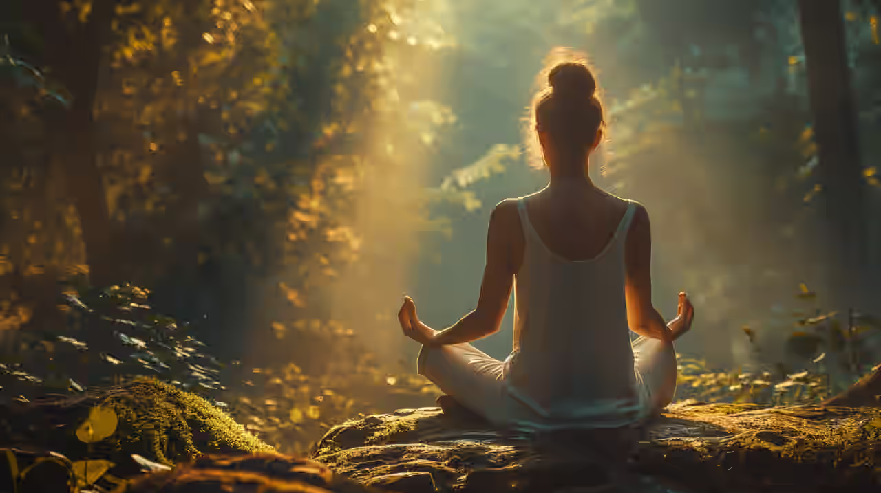 Eine Frau praktiziert in der schönen Natur von Baden-Württemberg Yoga in Ihrem Urlaub