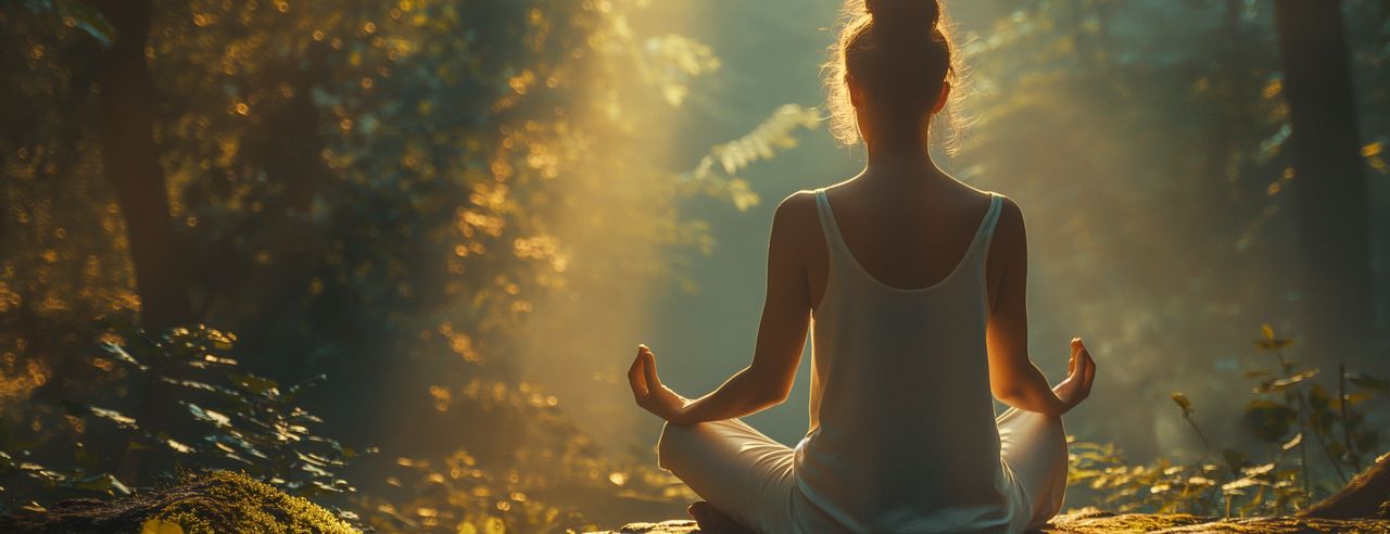 Eine Frau praktiziert Yoga inmitten eines grünen Waldes, der von Sonnenlicht geflutet ist. Die Morgensonne leuchtet zwischen all dem grün sanft in die Natur des Erzgebirges