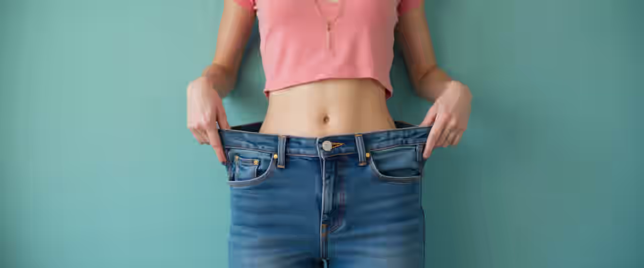 Eine Frau trägt eine übergroße Jeans, die eine deutliche Gewichtsabnahme zeigt.