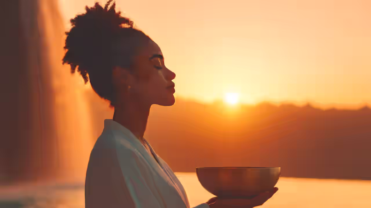 Eine Frau sitzt bei Sonnenuntergang mit einer goldenen Schale draußen und meditiert.