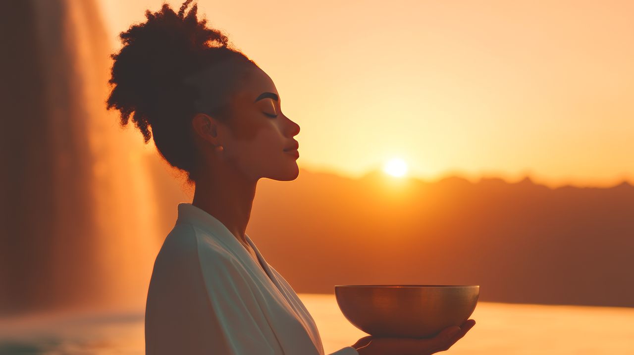 Eine Frau sitzt bei Sonnenuntergang mit einer goldenen Schale draußen und meditiert.